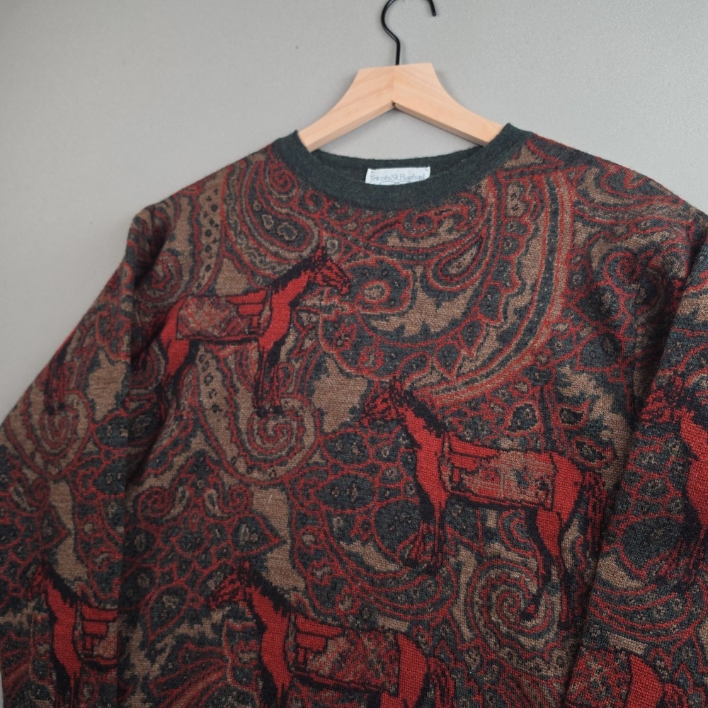 Tricots St Raphael Womens S Pure Wool Sweater Red Paisley Equestrian Horse Print